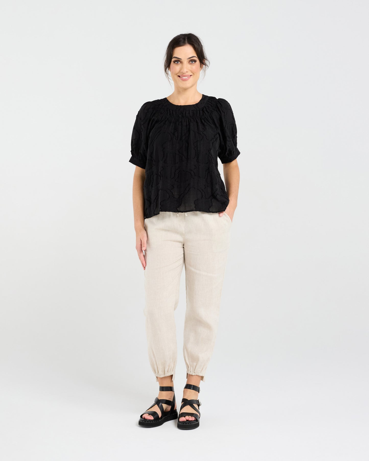 Blackstone Lisette Gathered Yoke Top - Black Jacquard