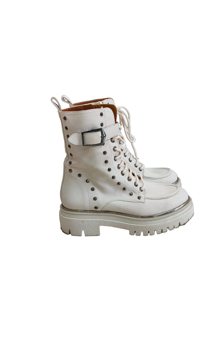 PRE OWNED Marian Off-White Leather Studded Combat Boots