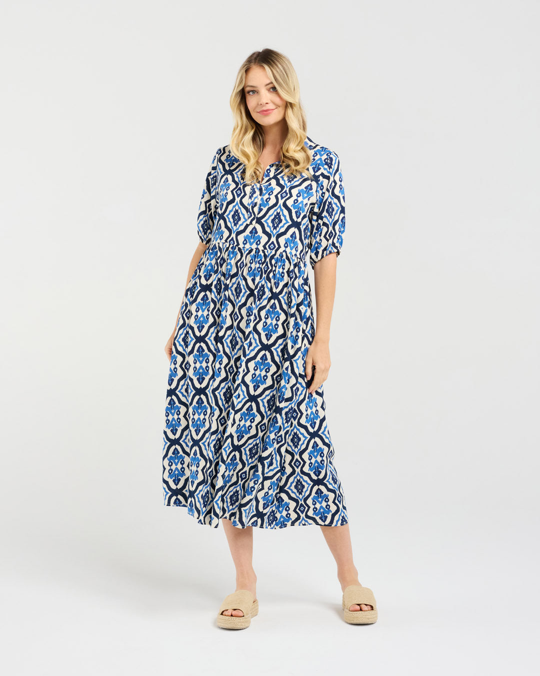 Blackstone Genevieve Button Placket Dress - Blue Aztec