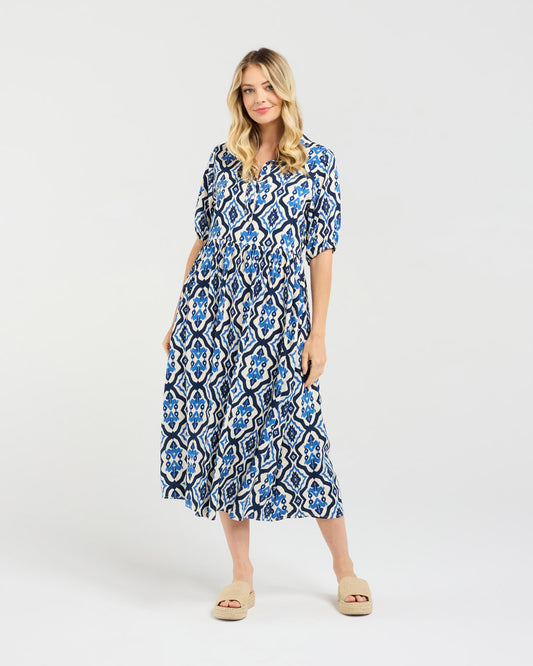 Blackstone Genevieve Button Placket Dress - Blue Aztec