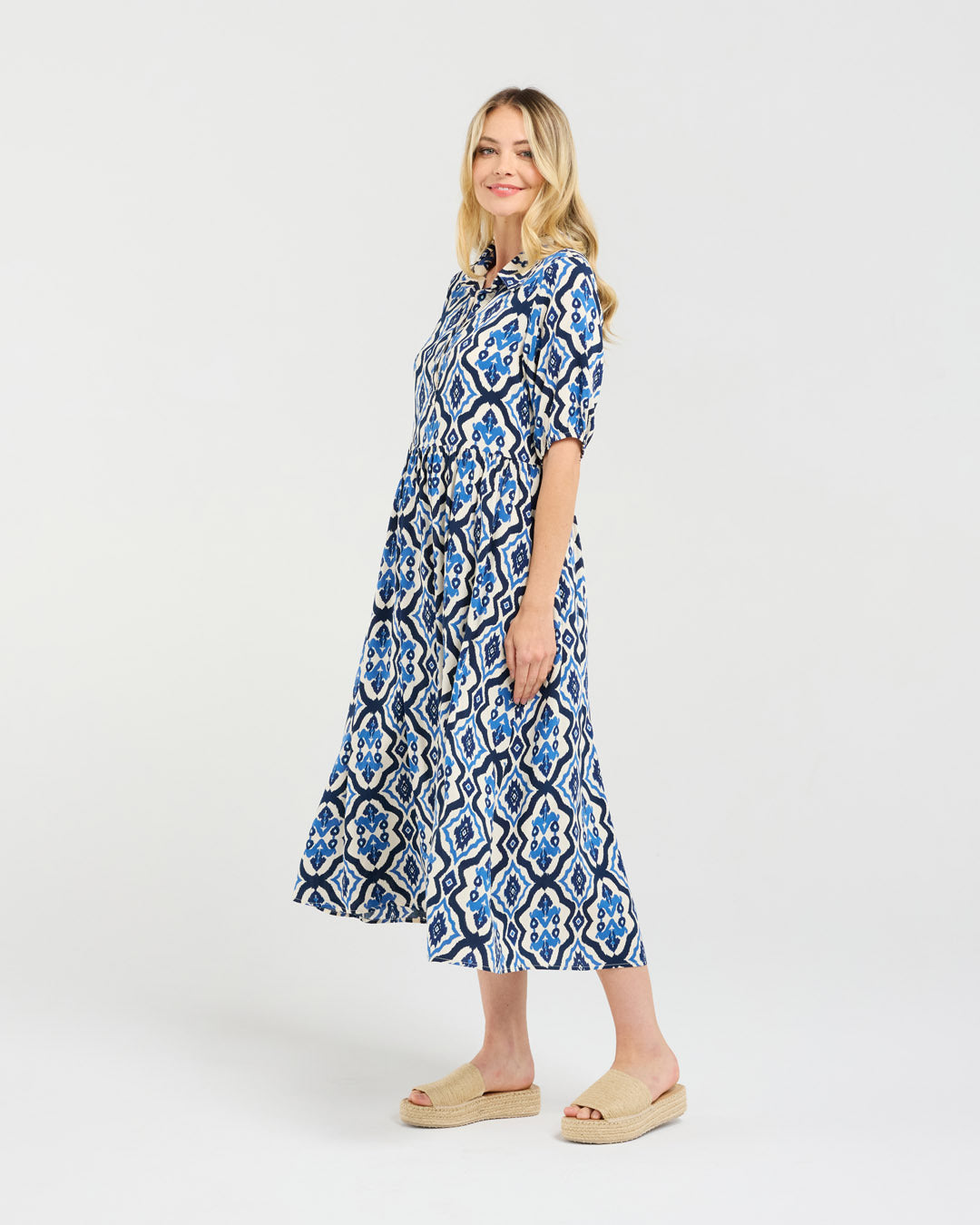 Blackstone Genevieve Button Placket Dress - Blue Aztec