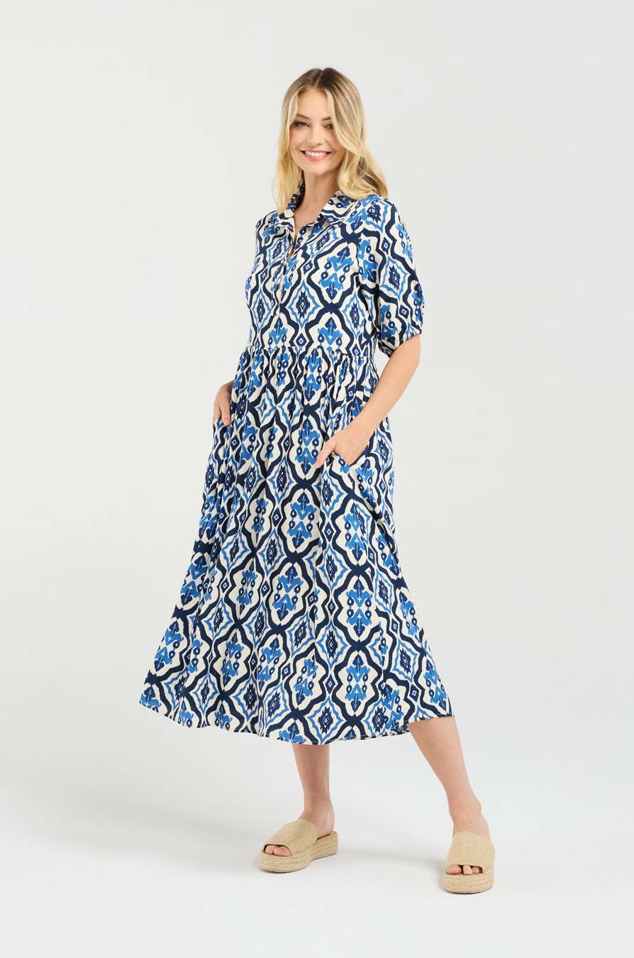 Blackstone Genevieve Button Placket Dress - Blue Aztec