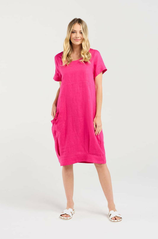 Blackstone Lilian Linen Bubble Hem Dress - Raspberry Sorbet