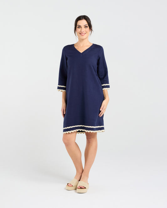 Blackstone Desiree Gold Ric-Rac Trim Dress - French Navy with Gold