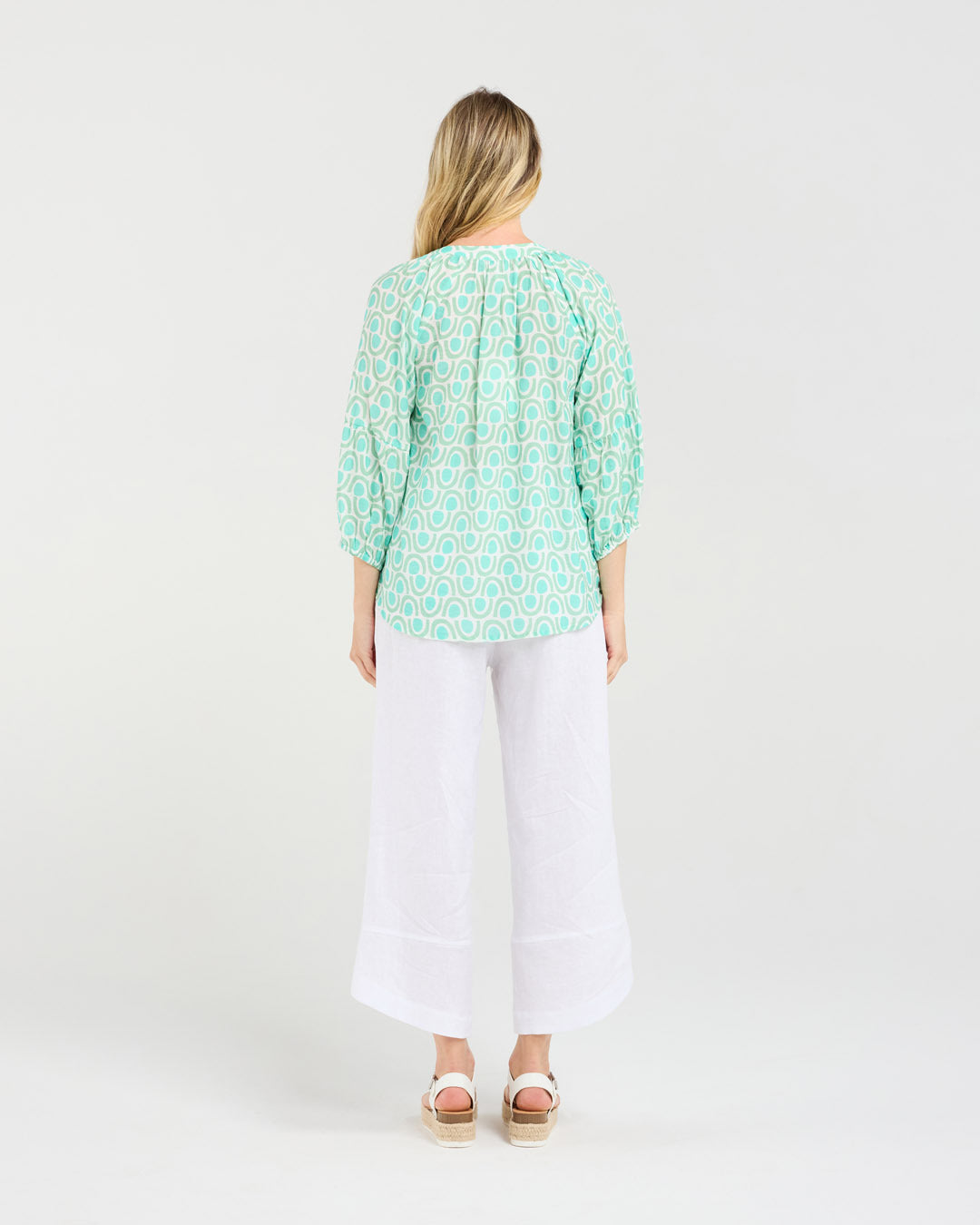 Blackstone Colette Gathered Sleeve Top - Mint Green Geo
