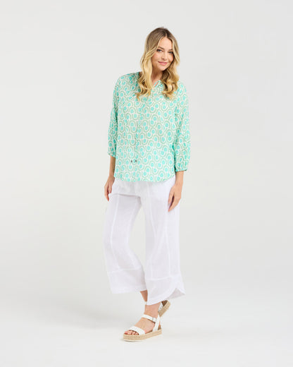 Blackstone Colette Gathered Sleeve Top - Mint Green Geo