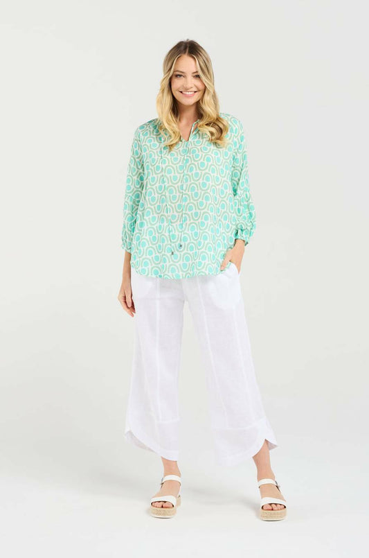 Blackstone Colette Gathered Sleeve Top - Mint Green Geo
