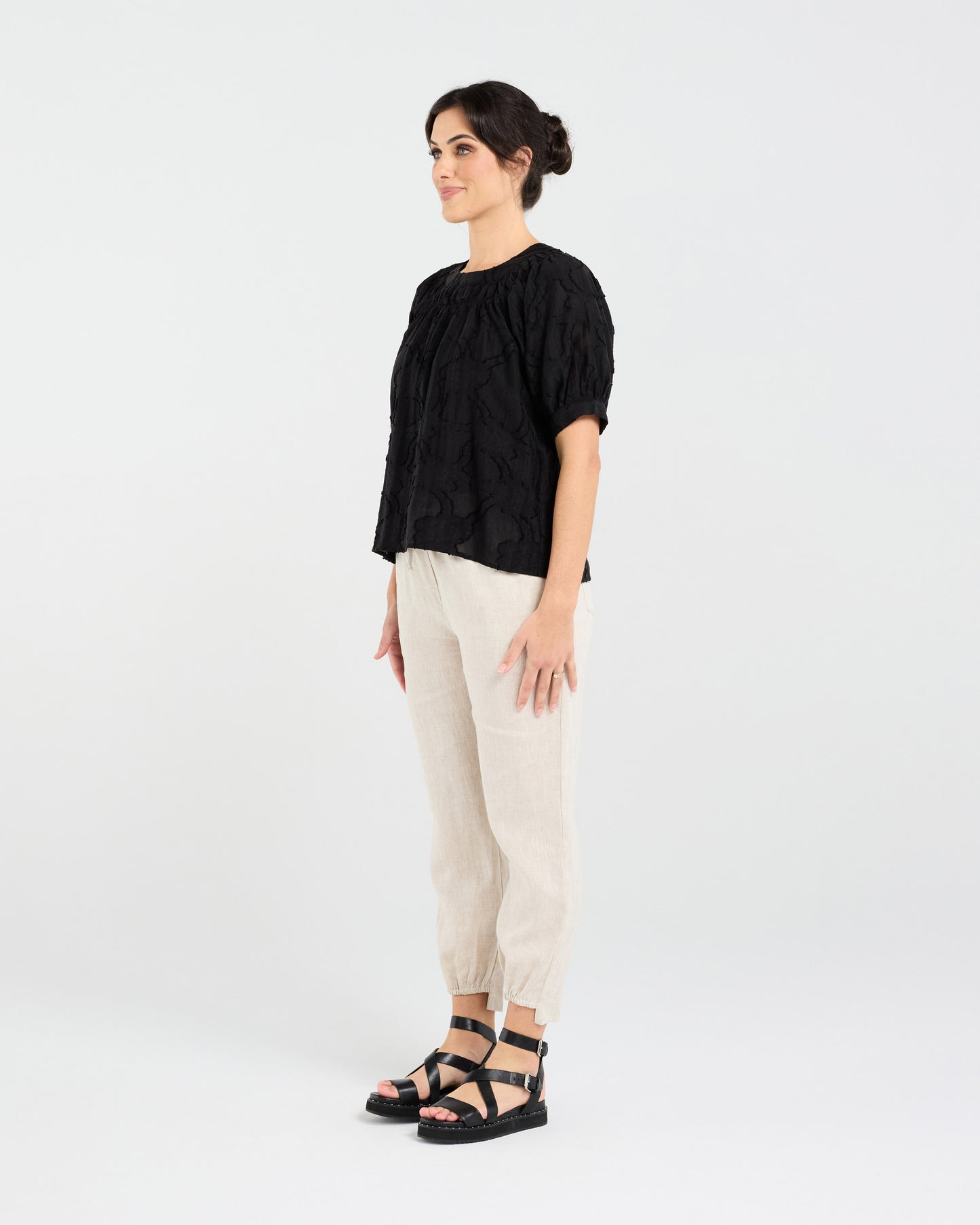 Blackstone Lisette Gathered Yoke Top - Black Jacquard