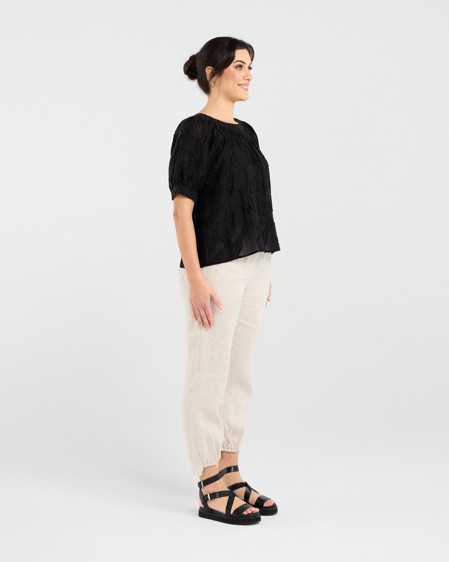 Blackstone Lisette Gathered Yoke Top - Black Jacquard
