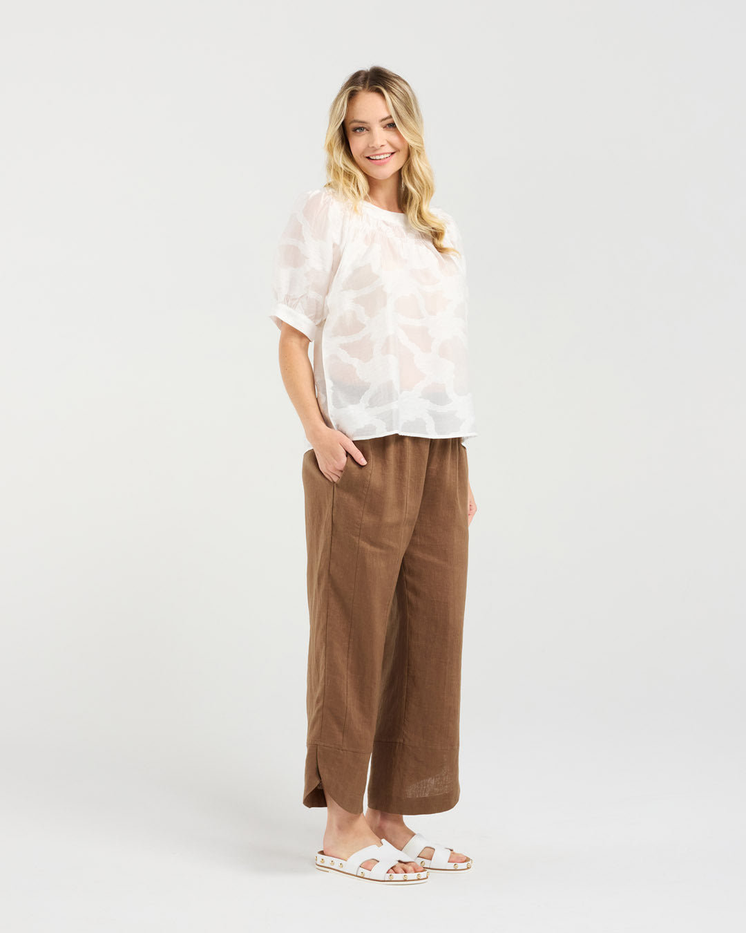 Blackstone Lisette Gathered Yoke Top - White Jacquard