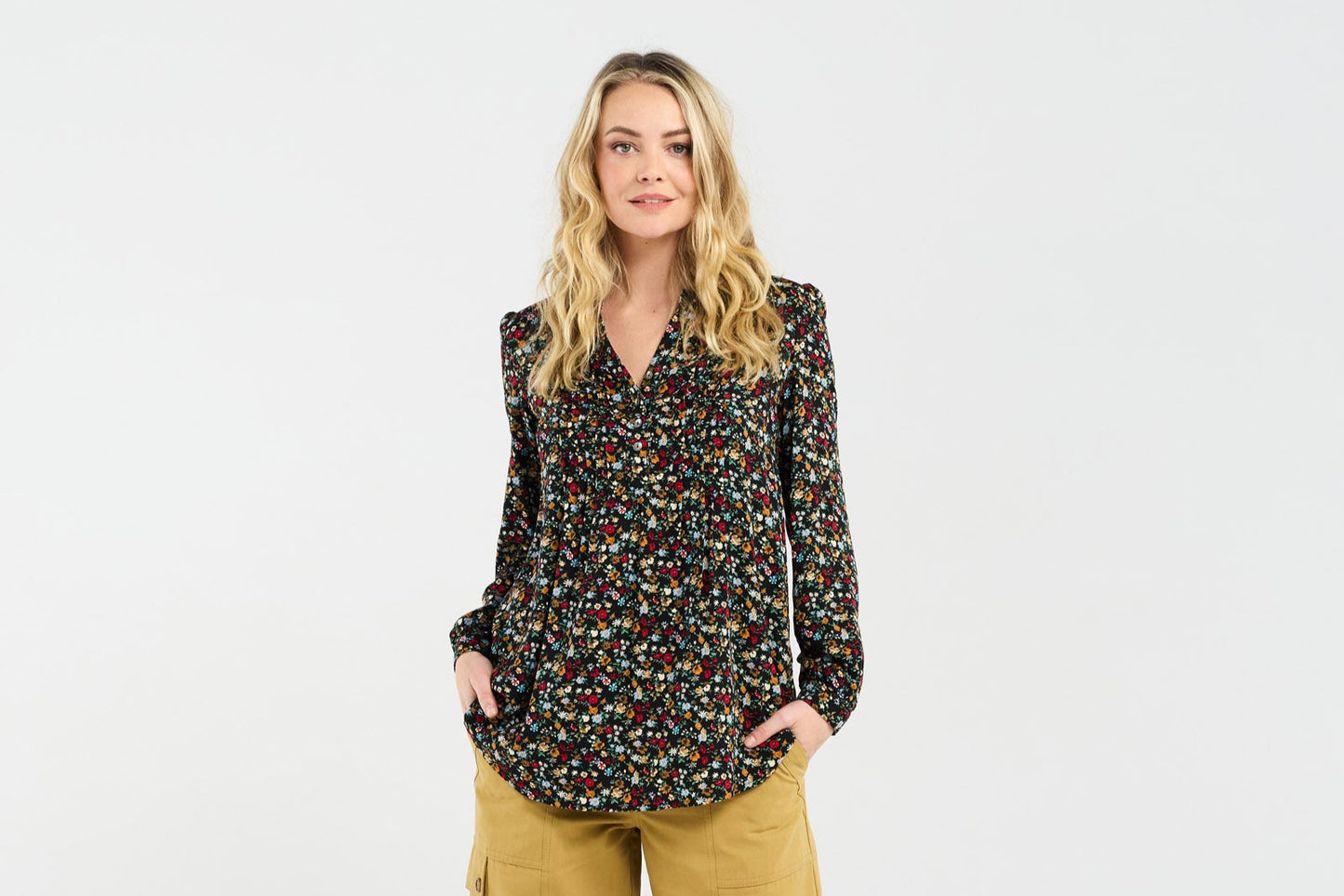 Blackstone Elena Pintuck Front Blouse - Black Retro Floral