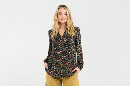 Blackstone Elena Pintuck Front Blouse - Black Retro Floral