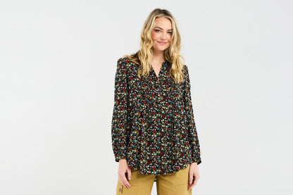 Blackstone Elena Pintuck Front Blouse - Black Retro Floral