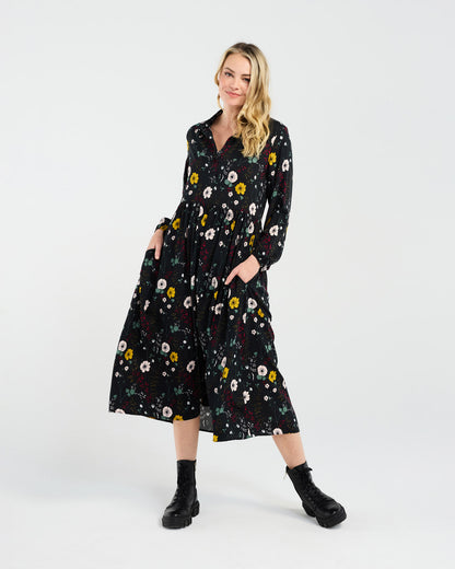 Blackstone Geneva Button Placket Dress - Black Wildflowers