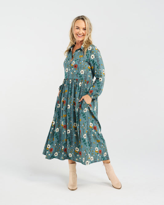 Blackstone Geneva Button Placket Dress - Blue Wildflowers