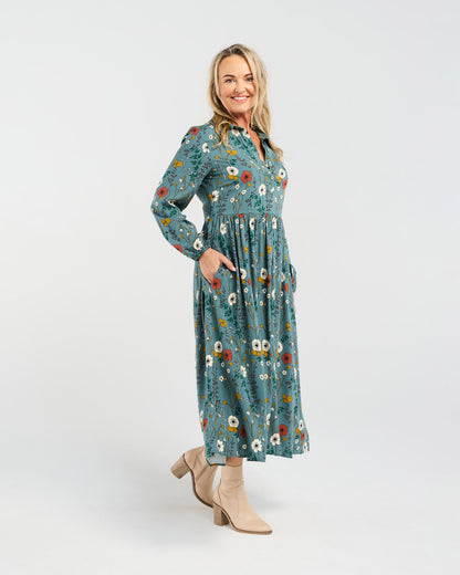 Blackstone Geneva Button Placket Dress - Blue Wildflowers