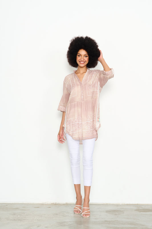 Caju Tunic with Side Trims-  Cafe and White Print