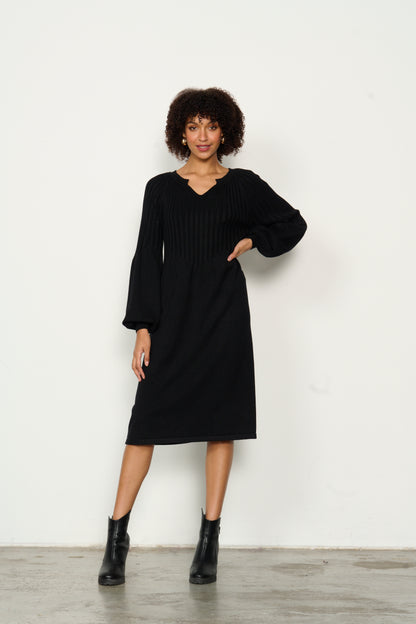 Caju Dress with Half Rib and Puff Sleeve - Black #760
