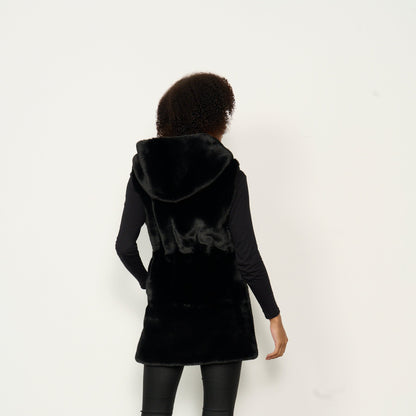 Caju Faux Fur Vest with Drawstring Waist and Hood - Black #778