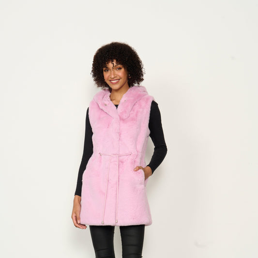 Caju Faux Fur Vest with Drawstring Waist and Hood - Pink #778