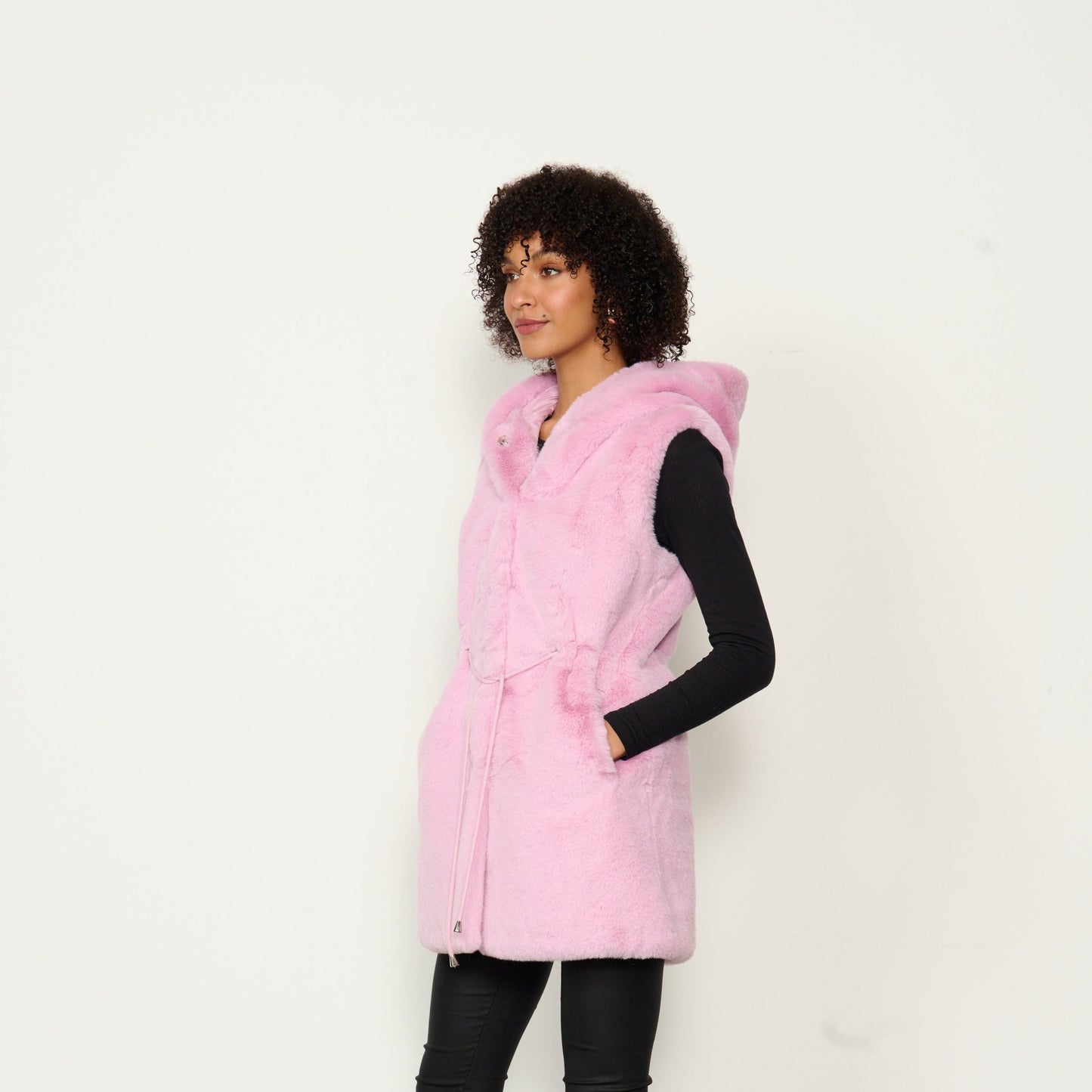 Caju Faux Fur Vest with Drawstring Waist and Hood - Pink #778