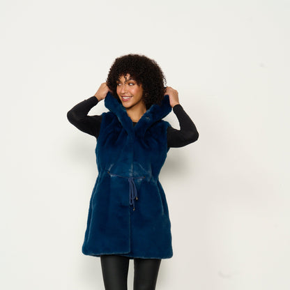 Caju Faux Fur Vest with Drawstring Waist and Hood - Petrol Blue #778