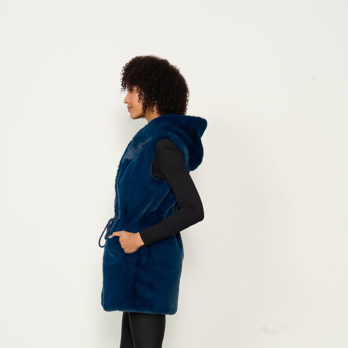 Caju Faux Fur Vest with Drawstring Waist and Hood - Petrol Blue #778