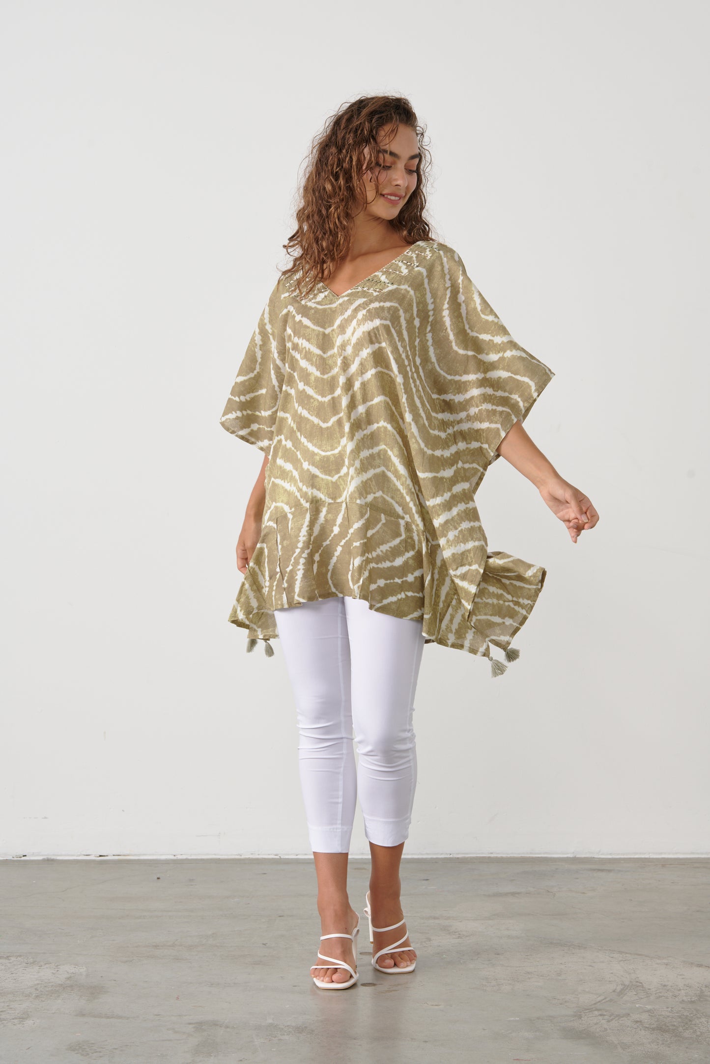 Caju Kaftan Style Beaded Tunic - Olive Green CZ804