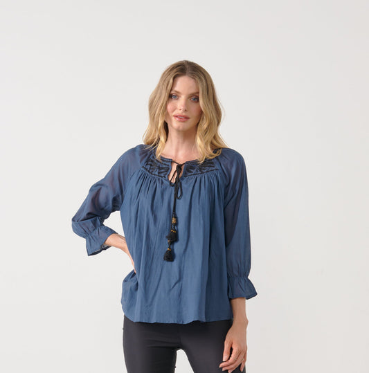 Holmes & Fallon Contrast Embroidered Top  - Blue HF2514