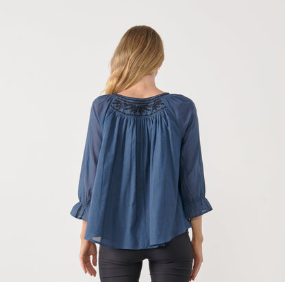 Holmes & Fallon Contrast Embroidered Top  - Blue HF2514