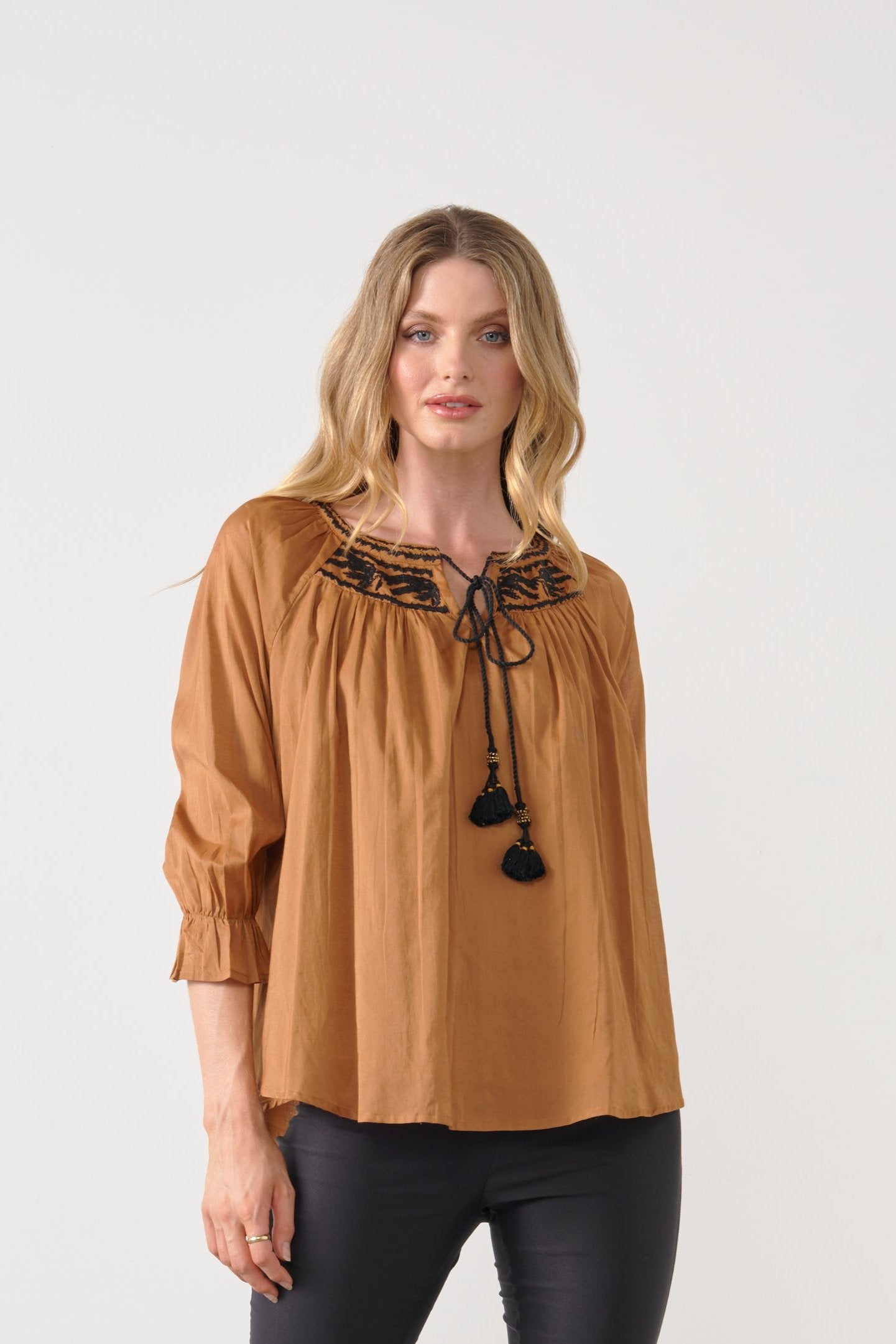 Holmes & Fallon Contrast Embroidered Top  -Copper HF2514