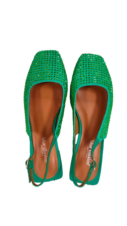 PRE OWNED Blue Illusion Margaux Rhinestone Flat - Green