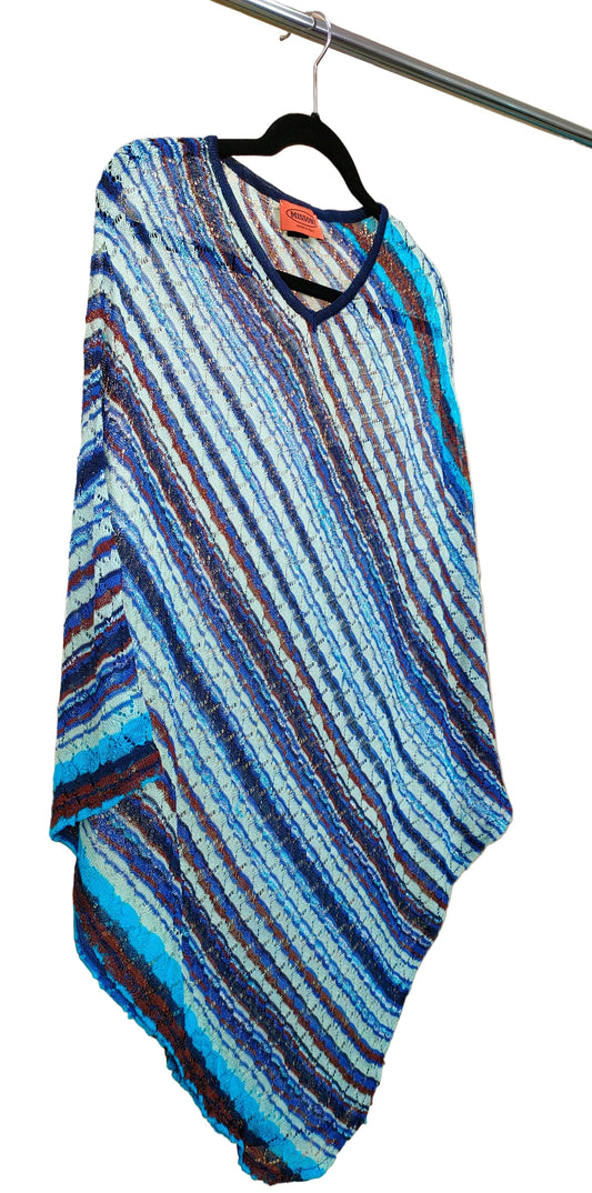 Missoni orange brand label on blue striped lace knit