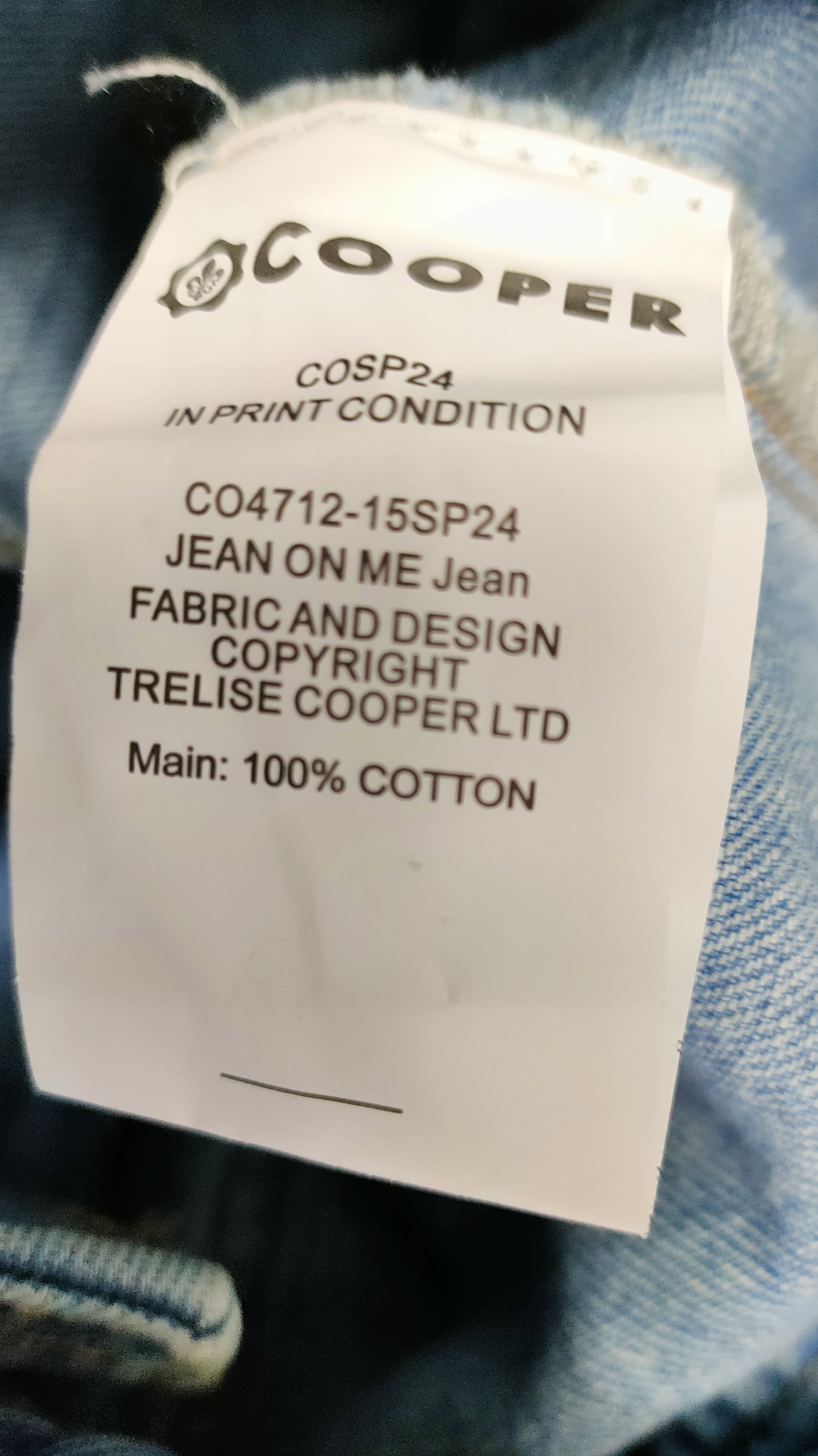 Trelise Cooper Jean On Me product label — 100% cotton, Spring 2024