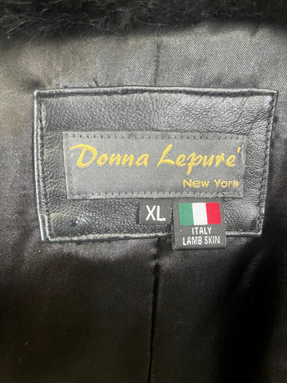 PRE OWNED Donna Lepure NewYork Black Leather Jacket with Fur Trim