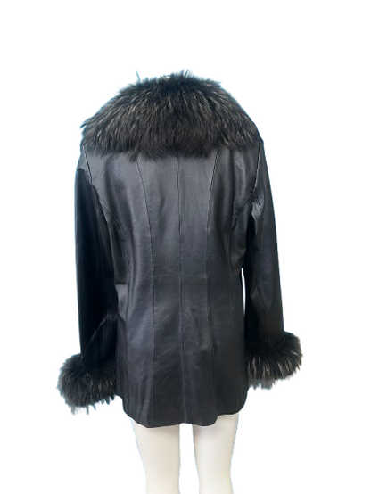 PRE OWNED Donna Lepure NewYork Black Leather Jacket with Fur Trim