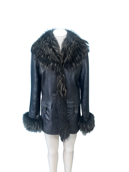 PRE OWNED Donna Lepure NewYork Black Leather Jacket with Fur Trim