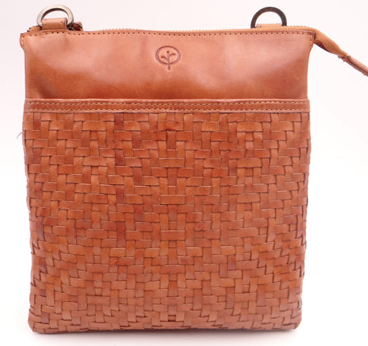 Second Nature Leather Medium Woven Crossbody Bag - Tan  #ST30