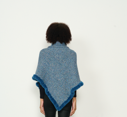 Caju  Poncho with Faux Fur Hem and Roll Neck  - Blue #784