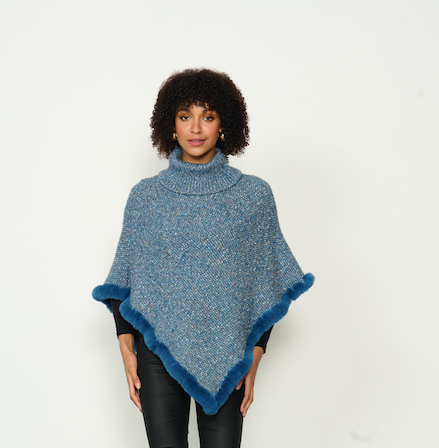 Caju  Poncho with Faux Fur Hem and Roll Neck  - Blue #784