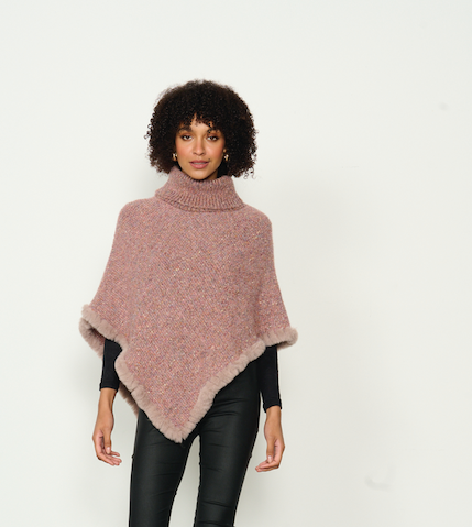Caju  Poncho with Faux Fur Hem and Roll Neck  - Pink Musk #784