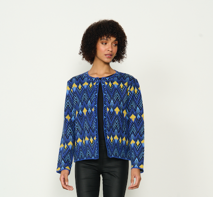 Caju Boxy Knit Jacket - Ethnic Pattern - Blue #753