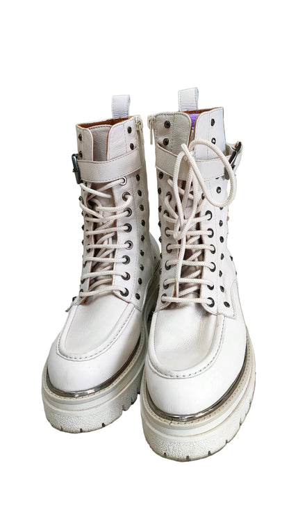 PRE OWNED Marian Off-White Leather Studded Combat Boots