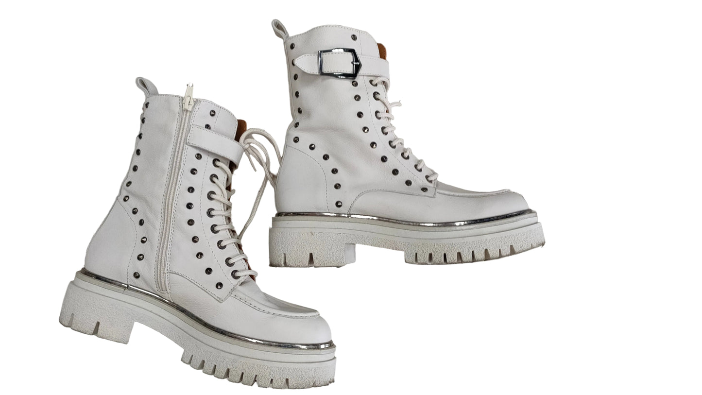 PRE OWNED Marian Off-White Leather Studded Combat Boots