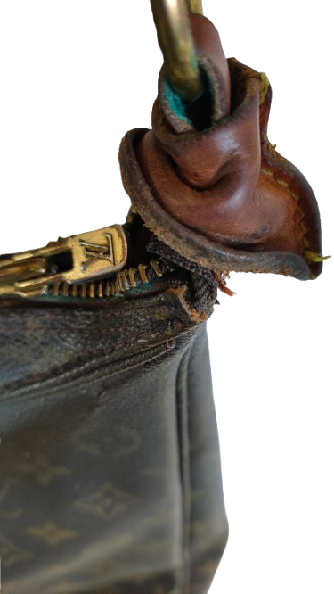 Louis Vuitton Boulogne MM zip and strap attachment detail showing condition