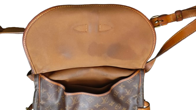 Louis Vuitton Saumur 30 open view showing interior and both flap panels
