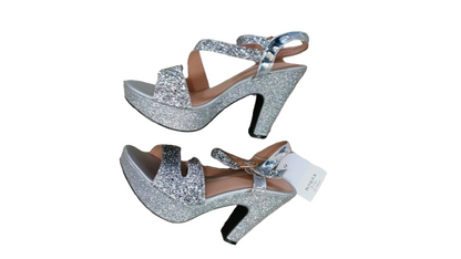 Sparkly silver glitter platform sandals pair side view