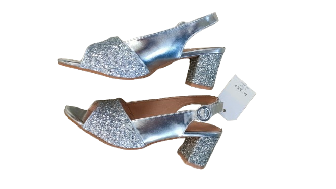 PRE OWNED Silver Glitter Slingback Block Heel Sandals