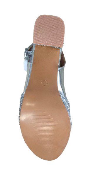PRE OWNED Silver Glitter Slingback Block Heel Sandals