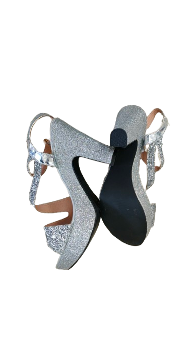 Sparkly silver glitter platform sandals sole view